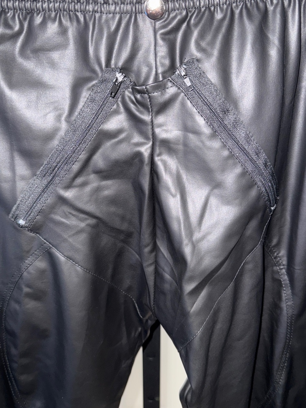 Men's Black Faux-Leather Joggers with Zip Detail - Picture 2 of 4